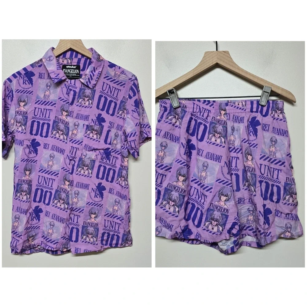 Evangelion Eva Unit-00 Purple Button-Down‎ Shirt Rei Ayanami Atsuko Swim Trunks